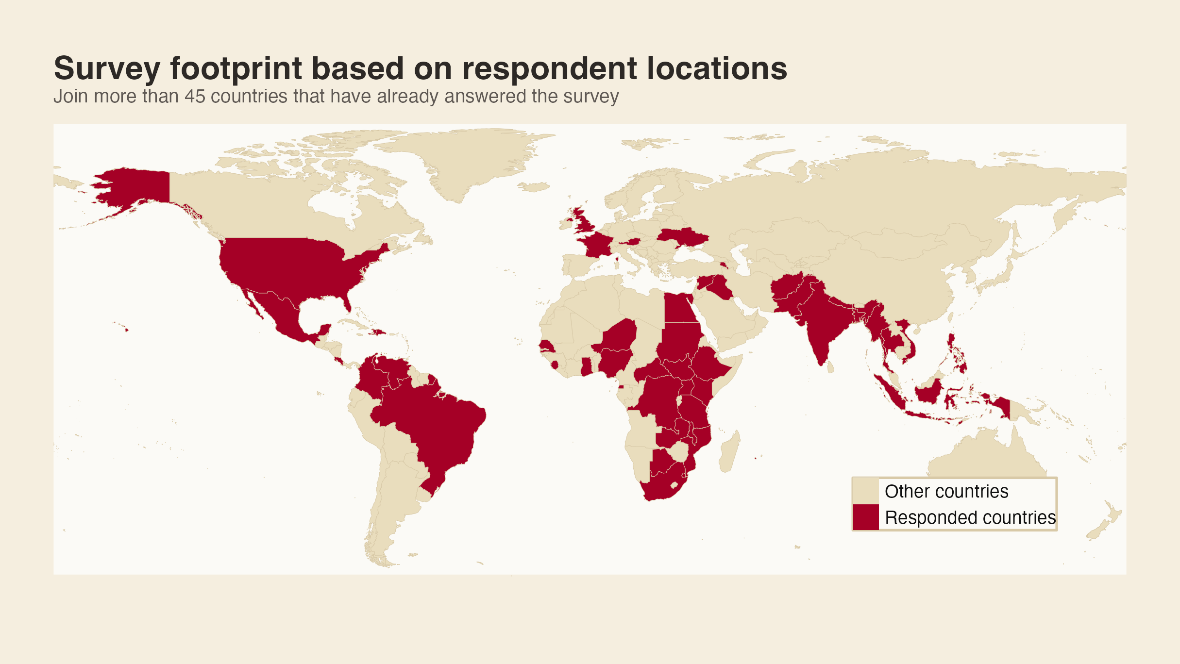 Survey footprint map showing more than 45 countries where respondents have already answered the survey.
